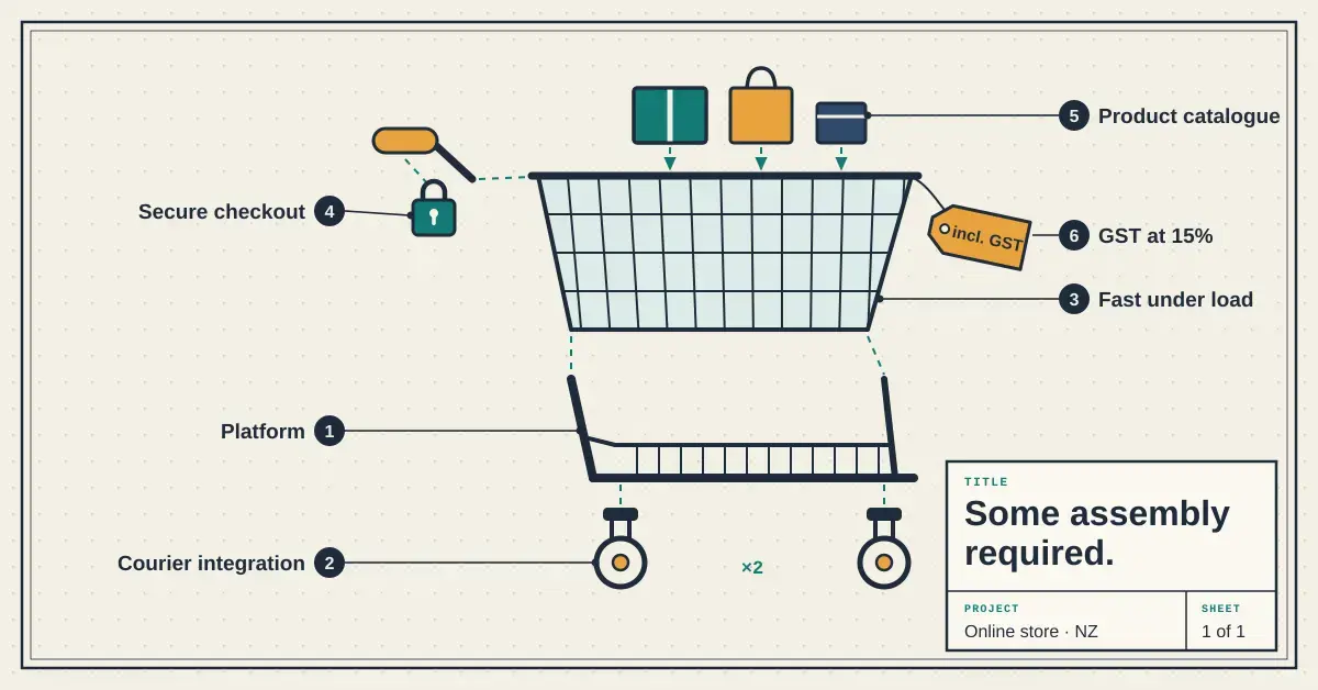 Exploded-view assembly diagram of a shopping trolley titled 'Some assembly required.', with each part labelled as something an online store needs: the frame as the platform, the wheels as courier integration, the wire basket as fast under load, the padlocked handle as secure checkout, the products as the product catalogue and an 'incl. GST' price tag as GST at 15%.