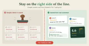 A dashed red line labelled Fair Trading Act 1986 divides a rubber stamp churning out identical fake five-star reviews from a set of varied, genuine Google-style customer reviews with an owner reply and a 4.6-star rating, under the heading 'Stay on the right side of the line.'