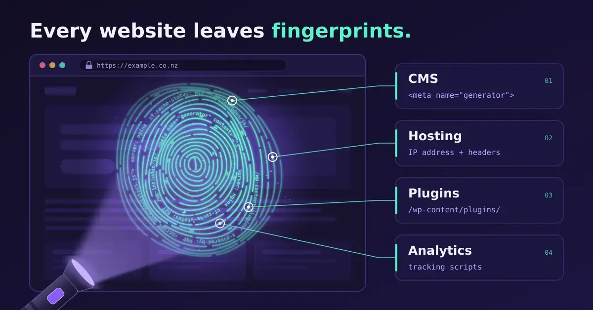 A UV torch lights up a glowing fingerprint on a website browser window, with some of its ridges made of code, and callout lines linking it to cards labelled CMS, Hosting, Plugins and Analytics beneath the heading "Every website leaves fingerprints."