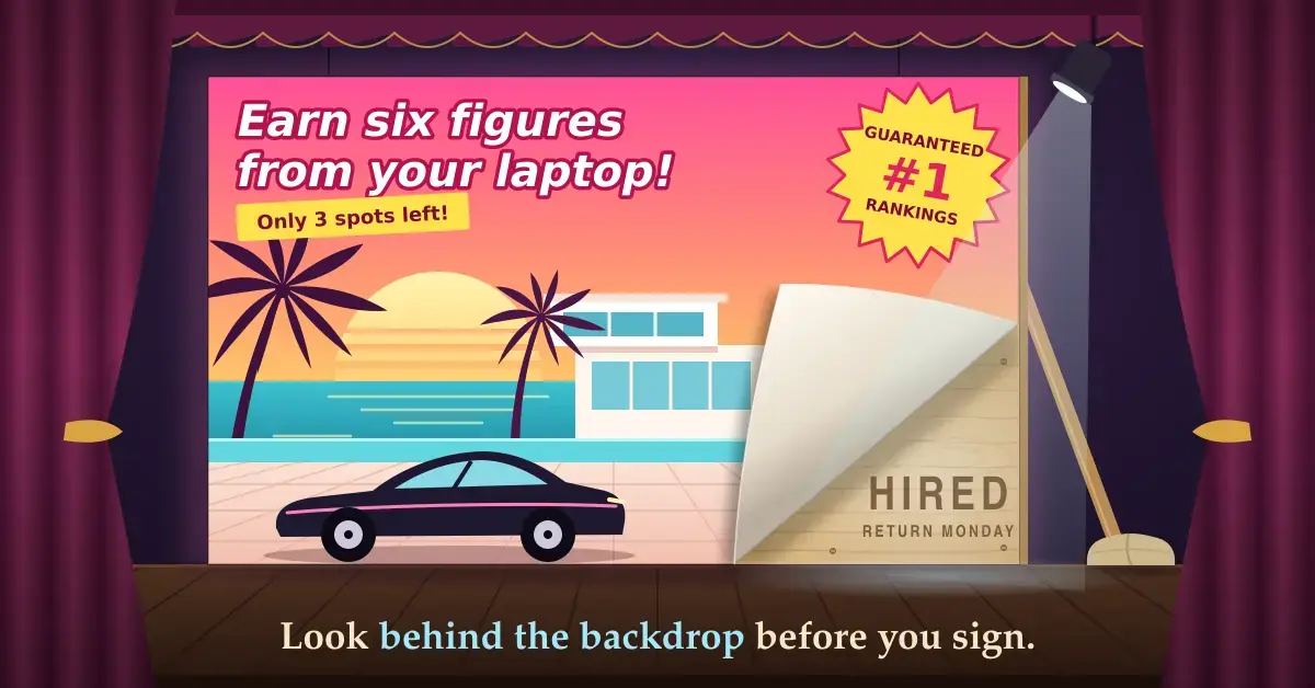 Illustration of a glossy stage backdrop promising "Earn six figures from your laptop!" and "Guaranteed #1 rankings", with a sunset villa and sports car, its corner peeled back under a spotlight to reveal bare plywood stamped "HIRED – RETURN MONDAY", above the caption "Look behind the backdrop before you sign."