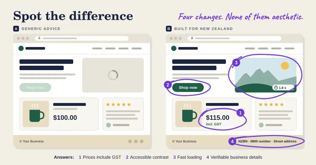 A "spot the difference" illustration of two near-identical website mock-ups, where the one built for New Zealand has four changes circled in purple marker: a $115.00 price marked incl. GST, a readable high-contrast "Shop now" button, a hero image that loads in 1.8 s, and a footer showing an NZBN, an 0800 number and a street address.