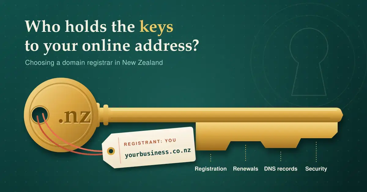 Illustration of a large brass key engraved ".nz", with a luggage tag reading "Registrant: you – yourbusiness.co.nz" and teeth labelled Registration, Renewals, DNS records and Security, under the heading "Who holds the keys to your online address?"