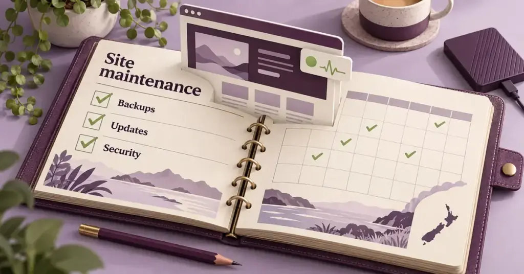 A website maintenance journal shows checked backups, updates and security tasks beside a recurring calendar, a pop-up website health display and a New Zealand silhouette.