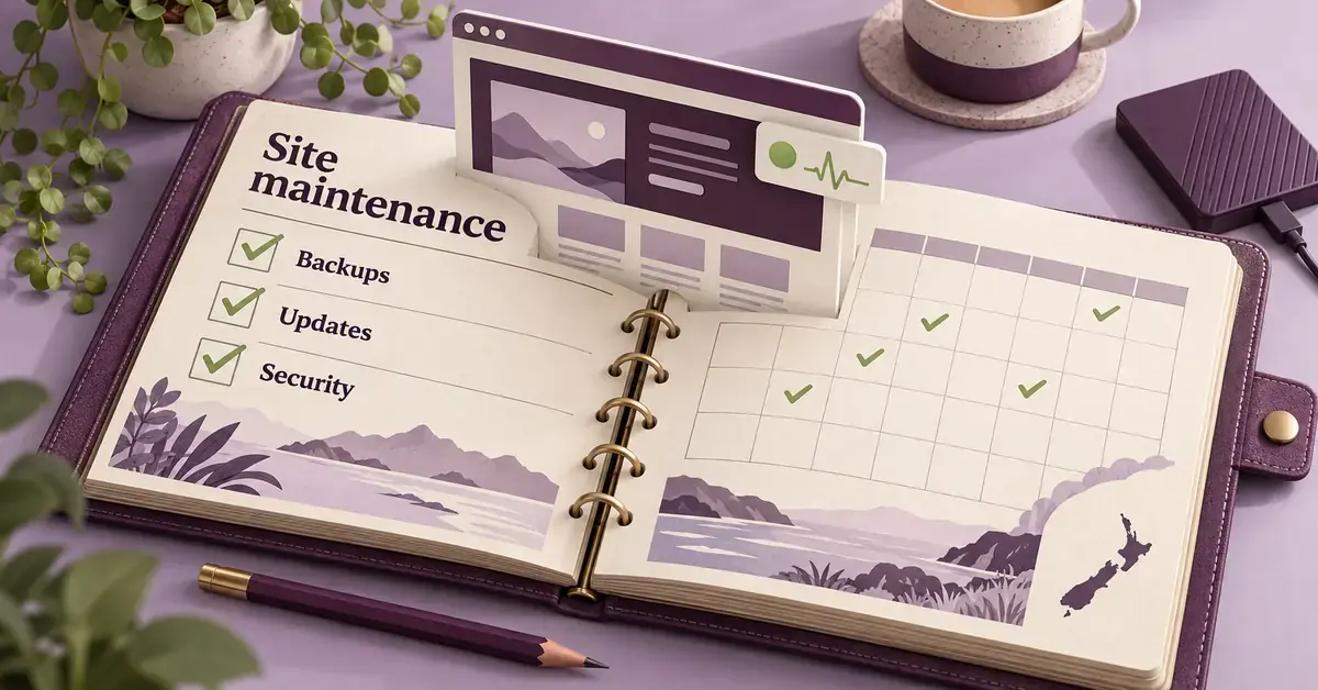 A website maintenance journal shows checked backups, updates and security tasks beside a recurring calendar, a pop-up website health display and a New Zealand silhouette.