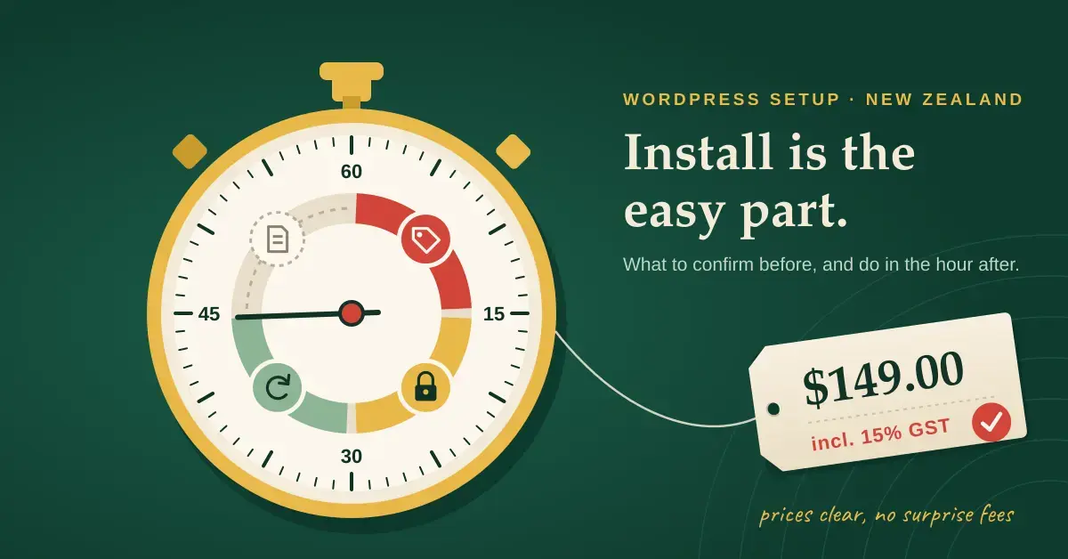 A gold stopwatch whose dial is three-quarters filled with pricing, security and backup checkpoints sits beside the heading 'Install is the easy part.' and a paper price tag reading $149.00 incl. 15% GST, illustrating the WordPress setup steps NZ businesses should complete before and in the hour after installing.